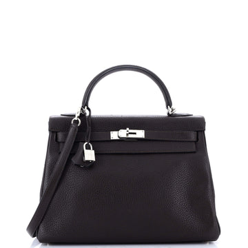Hermes Kelly Handbag Brown Clemence with Palladium Hardware 32