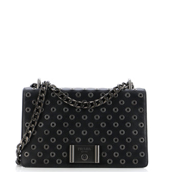 Prada Grommet Lock Flap Chain Shoulder Bag Leather Small