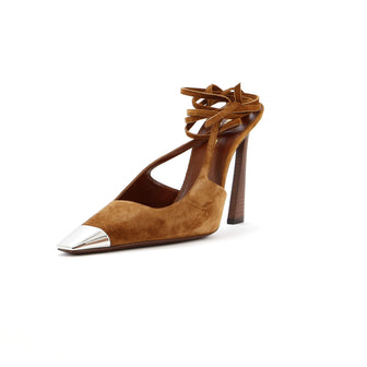 Saint Laurent Women's Blade Square Cap Toe Lace Up Pumps Suede with Metal 105