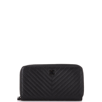 Chanel So Black Zip Around Wallet Chevron Lambskin Small