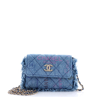 Chanel Denim Mood Flap Clutch with Chain Logo Printed Quilted Fringe Denim