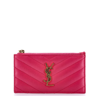 Saint Laurent Monogram Fragments Zip Card Holder Matelasse Chevron Leather