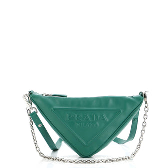 Prada Triangle Logo Zip Chain Crossbody Bag Embossed Leather Small