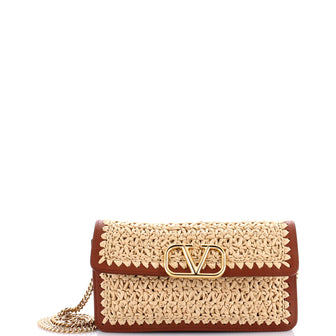 Valentino Garavani VLogo Signature Wallet on Chain Crochet Raffia with Leather Long