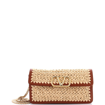 Valentino Garavani VLogo Signature Wallet on Chain Crochet Raffia with Leather Long
