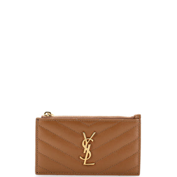 Saint Laurent Monogram Fragments Zip Card Holder Matelasse Chevron Leather