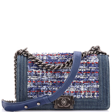 Chanel Boy Flap Bag Quilted Tweed With Denim Old Medium