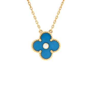 Van Cleef & Arpels Vintage Alhambra Pendant Necklace 18K Yellow Gold and Blue Sevres Porcelain with Diamond