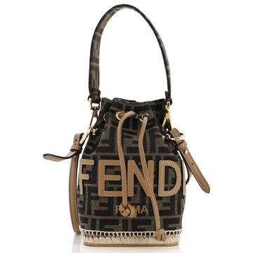 Fendi Logo Mon Tresor Bucket Bag Zucca Canvas with Raffia Mini