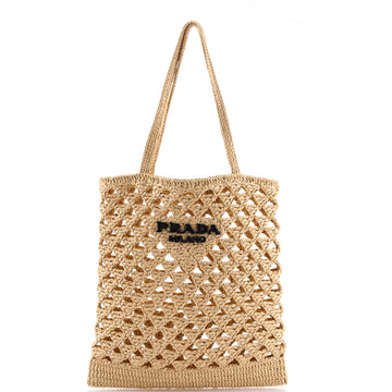 Prada Triangle Logo Tote Raffia Crochet Small