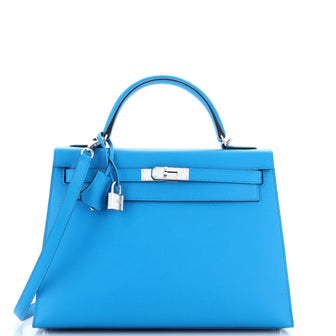 Hermes Kelly Handbag Blue Epsom with Palladium Hardware 32