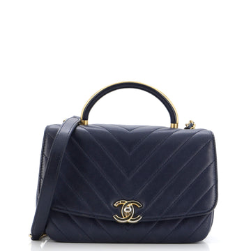 Chanel CC Metal Top Handle Flap Bag Chevron Lambskin Small