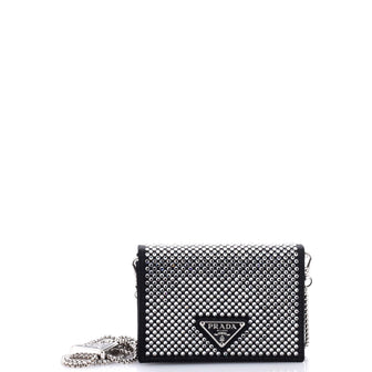 Prada Flap Card Holder with Chain Satin with Crystals