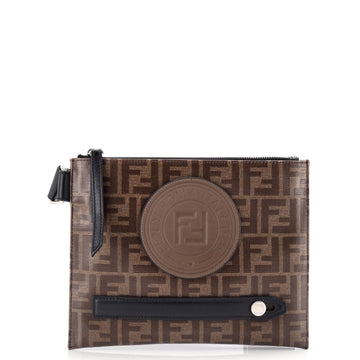 Fendi FF Logo Stamp Flat Messenger Bag Zucca Coated Canvas Small