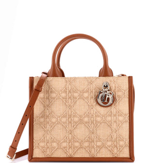 Christian Dior Book Tote Cannage Embroidered Raffia with Leather Small