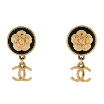 Chanel Camellia CC Drop Earrings Metal with Leather