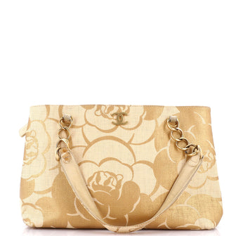 Chanel Vintage Camellia Chain Tote Printed Raffia Medium