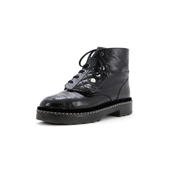 Chanel Women's Cap Toe CC Chain Around Pearl Combat Boots Leather