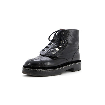 Chanel Women's Cap Toe CC Chain Around Pearl Combat Boots Leather