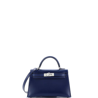 Hermes Kelly Mini II Bag Blue Box Calf with Palladium Hardware 20