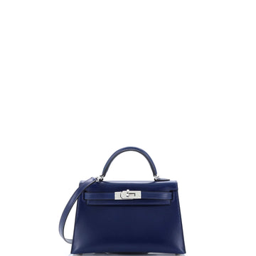 Hermes Kelly Mini II Bag Blue Box Calf with Palladium Hardware 20