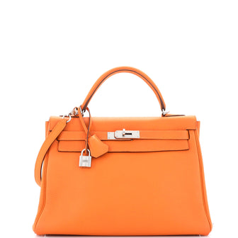 Hermes Kelly Handbag Orange Clemence with Palladium Hardware 32