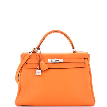 Hermes Kelly Handbag Orange Clemence with Palladium Hardware 32