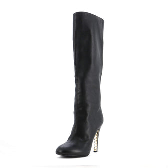 Chanel Women's Pearl Embellished Knee High Heeled Boots Leather