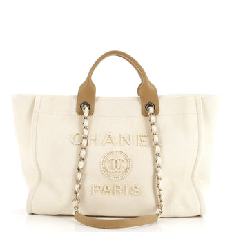 Chanel Deauville Tote Pearl Embellished Canvas Medium