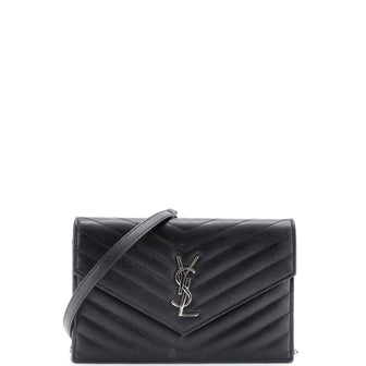 Saint Laurent Classic Monogram Wallet on Chain Matelasse Chevron Metallic Leather Small