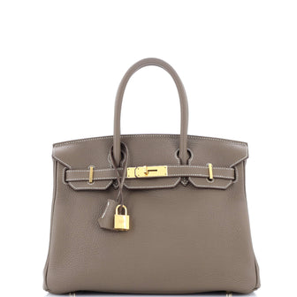 Hermes Birkin Handbag Grey Clemence with Gold Hardware 30