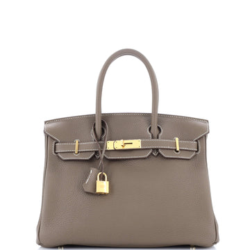 Hermes Birkin Handbag Grey Clemence with Gold Hardware 30