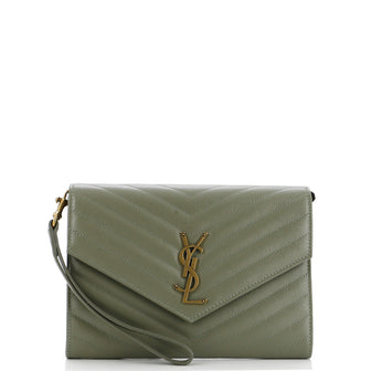Saint Laurent Classic Monogram Envelope Wristlet Clutch Matelasse Chevron Leather