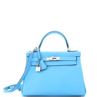 Hermes Kelly Handbag Blue Clemence with Palladium Hardware 28