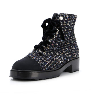 Chanel Women's Pearl Cap Toe Lace Up Combat Boots Sequin Embellished Tweed