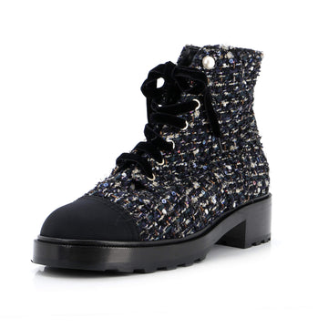 Chanel Women's Pearl Cap Toe Lace Up Combat Boots Sequin Embellished Tweed