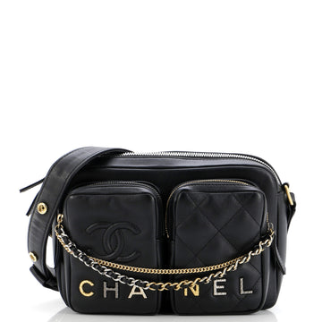 Chanel Logo Twin Pockets Chain Camera Case Quilted Calfskin Small