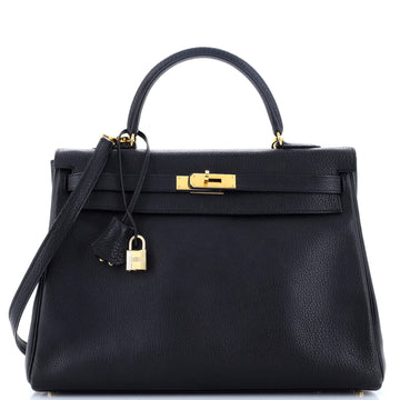 Hermes Kelly Handbag Black Clemence with Gold Hardware 35