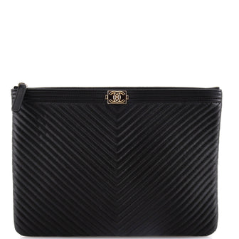 Chanel Boy O Case Clutch Chevron Calfskin Medium
