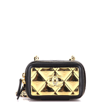 Chanel Golden Plate Zip Around Vanity Case with Chain Quilted Metal and Lambskin Extra Mini