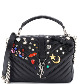 Saint Laurent Classic Monogram College Bag Embellished Matelasse Chevron Leather Medium