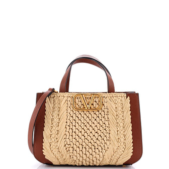 Valentino Garavani VLogo Signature Tote Crochet Raffia with Leather Small