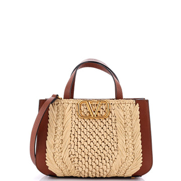 Valentino Garavani VLogo Signature Tote Crochet Raffia with Leather Small