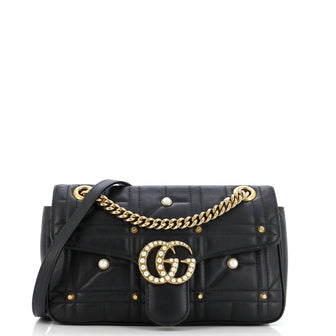 Gucci Pearly GG Marmont Flap Bag Embellished Matelasse Leather Small