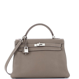 Hermes Kelly Handbag Grey Clemence with Palladium Hardware 32