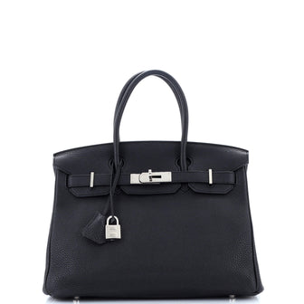 Hermes Birkin Handbag Black Clemence with Palladium Hardware 30