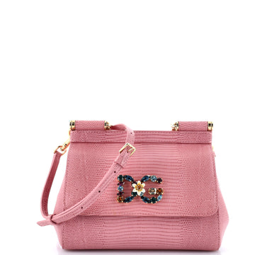 Dolce & Gabbana Miss Sicily Bag Lizard Embossed Leather with Crystal Detail Small