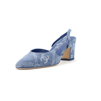 Chanel Women's Cap Toe Slingback Pumps Printed Denim