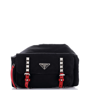 Prada New Vela Flap Messenger Bag Tessuto with Studded Leather Medium