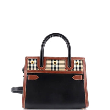 Burberry Title Two Handle Tote Leather with Vintage Check Canvas Mini